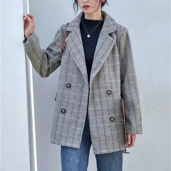 

Winter Turn-Down Collar Plaid Blazer Women Double-Breasted Belt Pockets Woolen Jackets Office Outwear Suit Coat