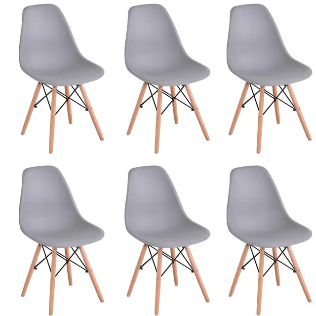 6Pcs/Set Dining Chair Nordic Style Office Chair Plastic Kitchen Chairs Wooden Feet Dining Room Living Room Chairs （White/Black) Grey