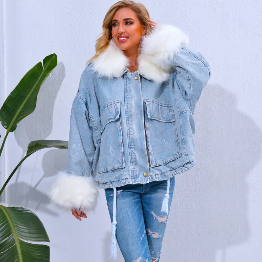 Womens Thick Winter Fur Coat Jeans 