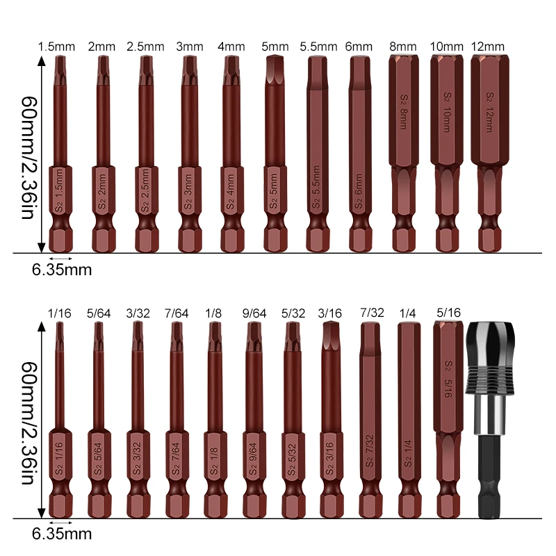 20pcs Hex Head Allen Wrench Drill Bit Set Metric SAE S2 Steel Hex Bits Set 65mm Long Magnetic Screwdriver Bits - Image 2