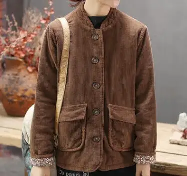 Corduroy Women Parkas Autumn Winter Big Size Cotton-padded Single-breasted Pockets Solid Color Women Warm Coat YoYiKamomo - Цвет: coffee