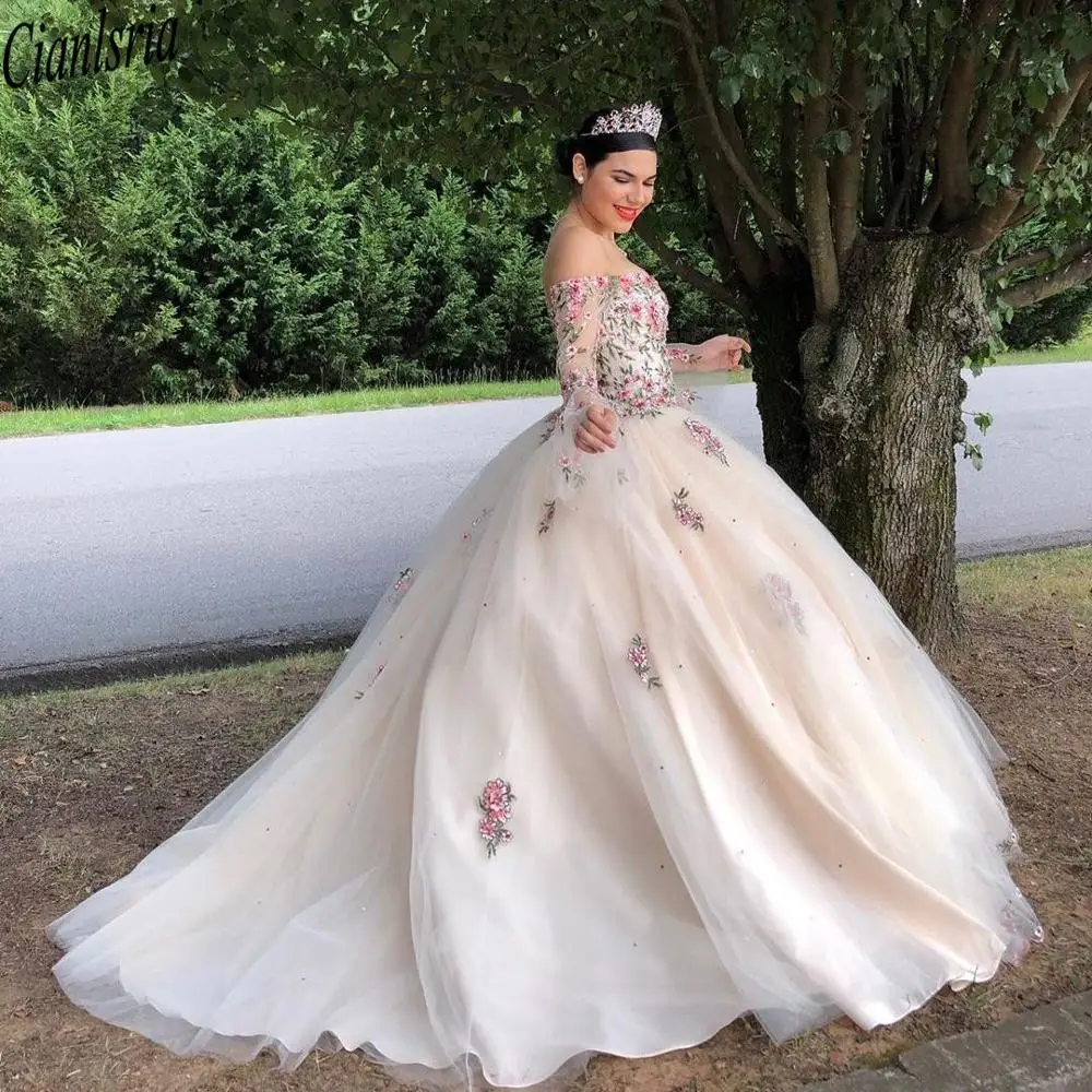 

Элегантное бальное платье с вышивкой, платья для Quinceanera, с открытыми плечами и длинными рукавами, со шлейфом, милое 16