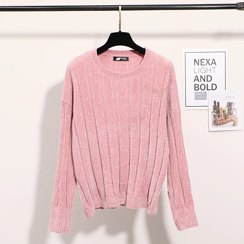 pink Высококачественные винтажные шикарные женские золотые бархатные вязаные свободные свитера с длинным рукавом из синели, пуловеры больших размеров, свитера для женщин - Цвет: pink