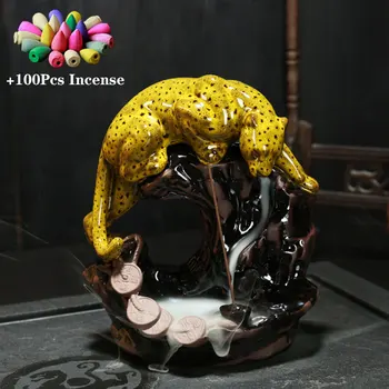 

Ceramic leopard Backflow Incense Burner Smoke Incense Waterfall Censer leopard Incense Stick Holder Home Decor + 100pcs Cones
