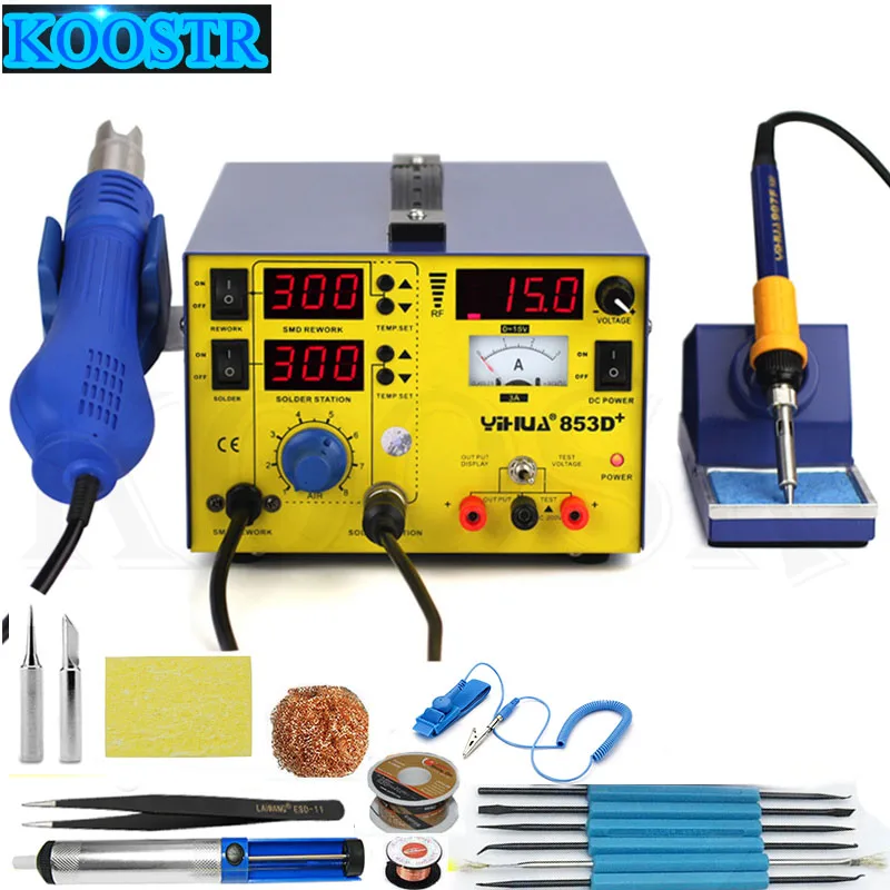 

YIHUA 853D+ 3A High Power Digital Display Solder Heat Gun Temperature Adjustable BGA Rework Station + Soldering Iron