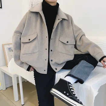 

2020 New Personality Winter Coat Men M-XXL Solid Color Fashion Youth Wild Loose Woolen Coat Long Sleeve Temperament Leisure