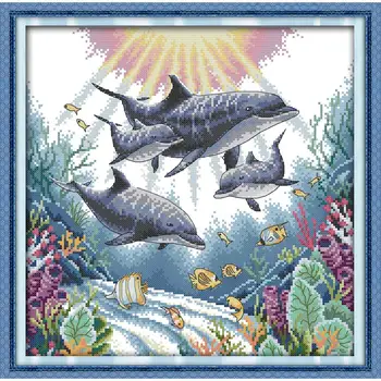 

Dolphin Series 11CT14CT Animals Printed Patterns Cross Stitch Kits Crafts Needlework DMC Fabric On Canvas Embroidery Accessories