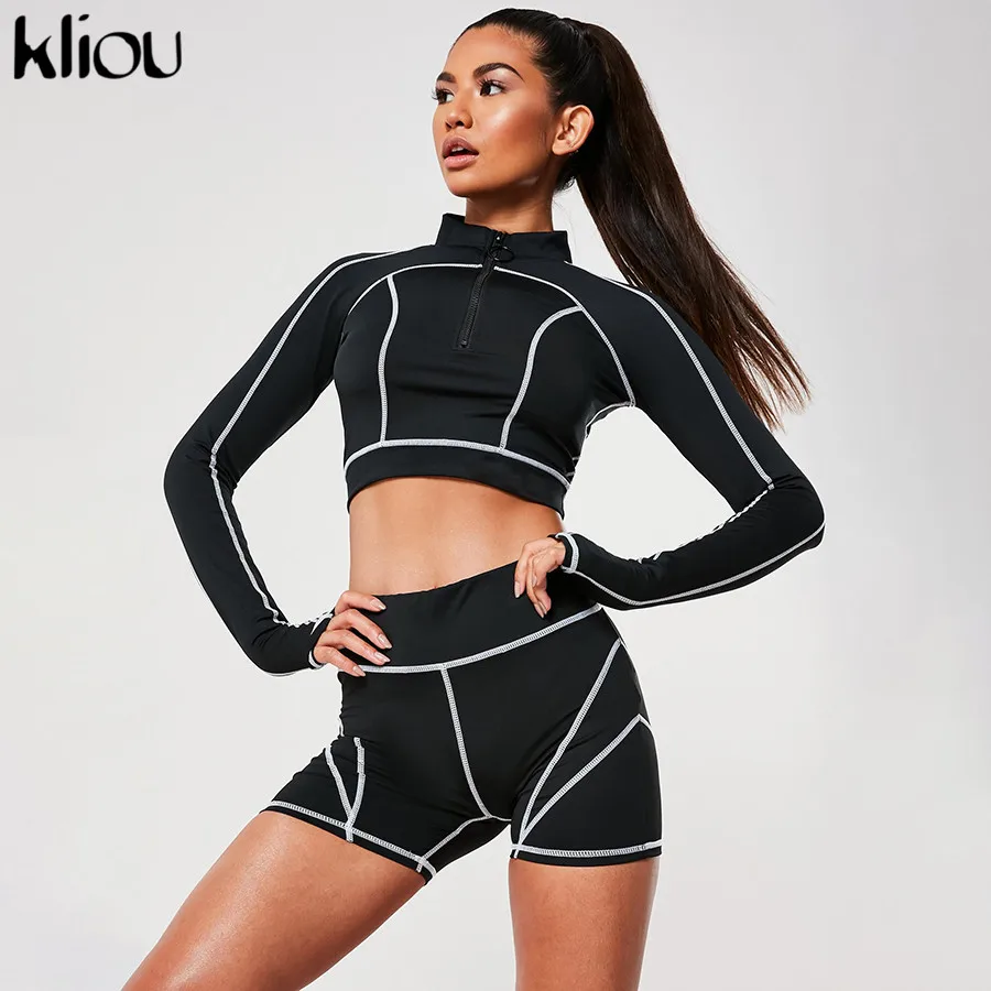 Kliou женский короткий топ с длинным рукавом+ шорты, спортивный костюм, комплект из двух предметов, белые линии, пэчворк, тонкий, для бега, одежда для фитнеса, спортивная одежда