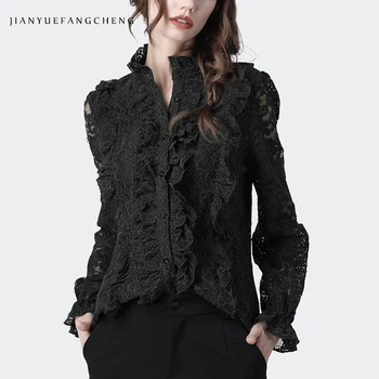 

3D Ruffles Lace Blouse Women Top Long Sleeve Ruffled Stand Collar Ladies Shirt Elegant Plus Size Female Autumn Tops And Blouses