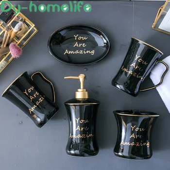 

Nordic Black and White Alphabet Phnom Penh Ceramic Bathroom Wash 5-piece Set Star Hotel Room Supporting High-end Bathroom Set