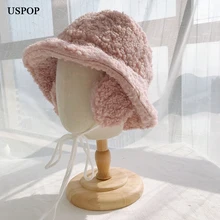 USPOP Winter hats women thick bucket hats with earmuffs solid color lamb wool bucket hat warm panama hats caps