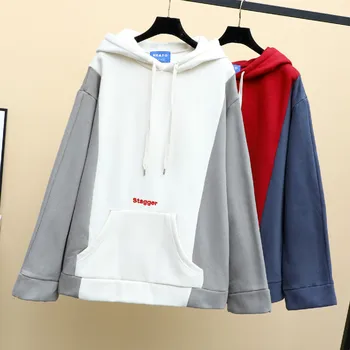 

2019 Winter Casual Hooded Sweatshirts Women STAGGER Letters Embroidery Hoodies Pullovers Fashion White Glay Color Patchwork Tops