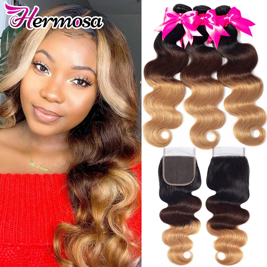 Hermosa pelo T1B/4/27 Ombre mechones con cierre pelo humano brasileño de la onda del cuerpo mechones con cierre de encaje Remy armadura del pelo paquete