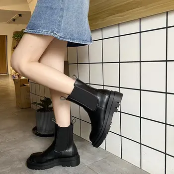 

Fashion Women's Boots Platform Leather Ankle Boots Square Mid Heels Short Boots Winter Autumn Solid Black Long Boots Women Shoes