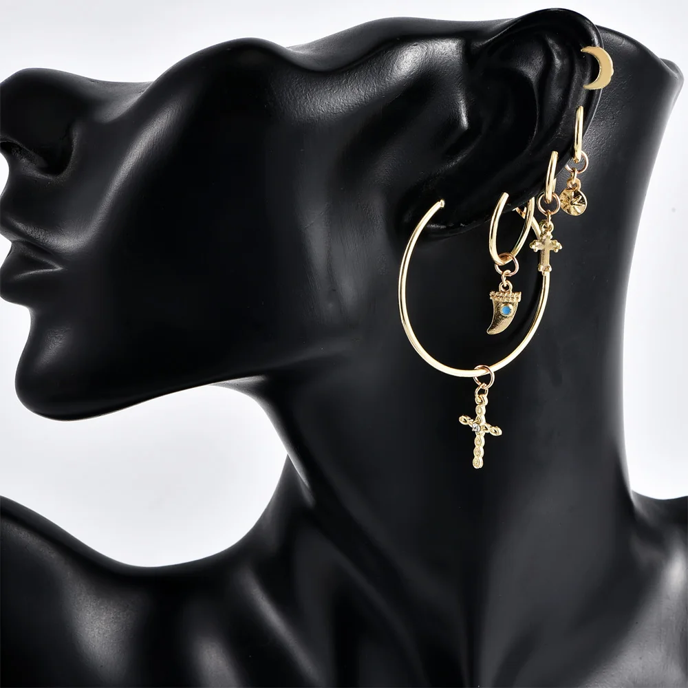 Fashion Ladies Earrings Cross Crescent Star Drop Dangle Hoops Set Jewelry Z