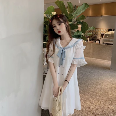 Женские летние Kawaii милые платья Ins Chic Ins милое платье с воротничком для куклы Женская милая панк-Одежда Harajuku для женщин пляж - Цвет: Белый