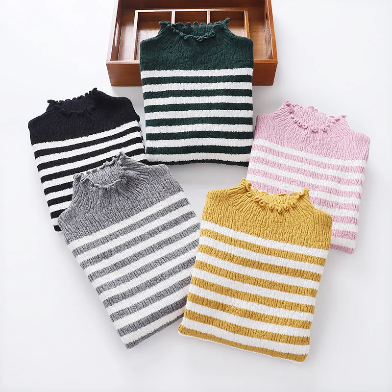 Новые зимние пуловеры для девочек; вязаные свитера с рукавами «пагода» для маленьких девочек; плотная трикотажная одежда; свитер в полоску с цветными блоками; Одежда для девочек с оборками