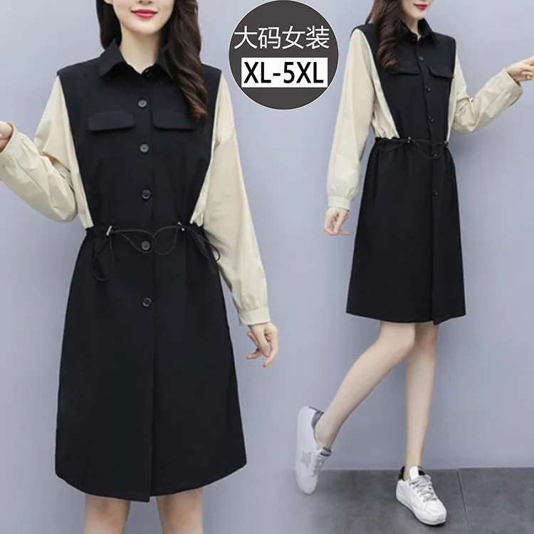 

Large Size Dress Long Sleeve Fold-down Collar Joint Contrast Color Cardigan Waist Hugging Sense of Design Elegant Fat Mm Mid-len