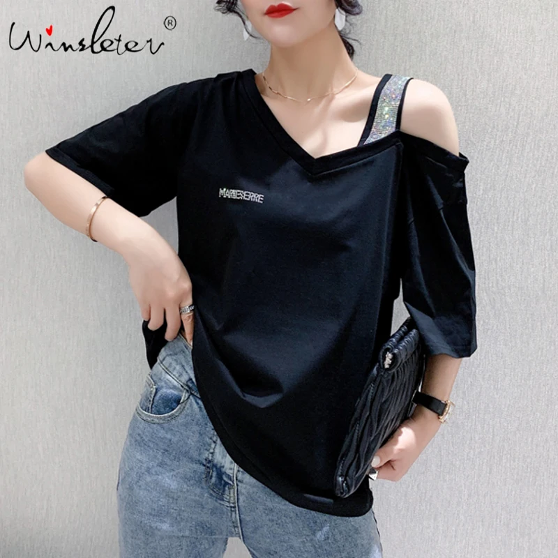 Summer Korean Clothes Loose T-shirt Fashion Sexy Off Shoulder Diamonds Cotton Women Tops Ropa Mujer Short Sleeve Tees T06825 Summer Korean Clothes Loose T-shirt Fashion Sexy Off Shoulder Diamonds Cotton Women Tops Ropa Mujer Short Sleeve Tees T06825