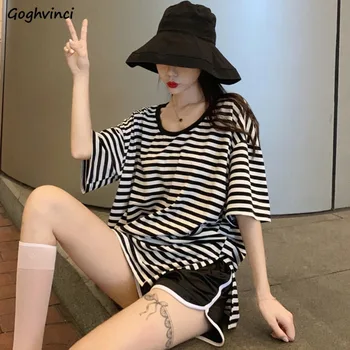 

Women Sets O-neck Striped Oversize Harajuku Leisure Side-slit Drawstring Shorts Soft Breathable Simple Fashion New Plus Size 2XL