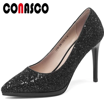 

CONASCO Elegant Sexy Women Shoes Party Wedding Prom Night Club Shoes Blingbling 10cm Thin Heels Pointed Toe Shallow Shoes Woman