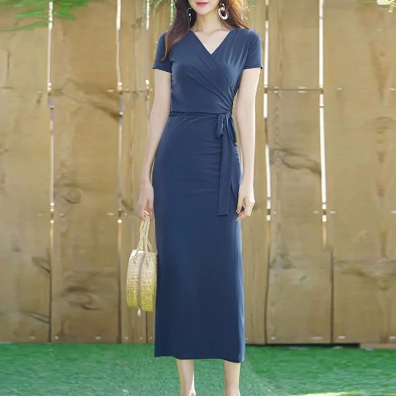V-neck Slim Slimming Lace-up Waist Dress Female Solid Color Short-sleeved Sexy Pleated Empire Tight-fitting Dresses Women Spring V-neck Slim Slimming Lace-up Waist Dress Female Solid Color Short-sleeved Sexy Pleated Empire Tight-fitting Dresses Women Spring