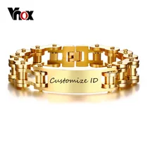 Vnox Free Personalized Engraving Record 12MM ID Bracelet for Men Gold Tone Stainless Steel Bike Chain 9.25