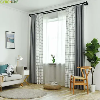 

Stitching Style Simple Grey Curtains for Living Room Bedroom Windows Plaid Design Drapes