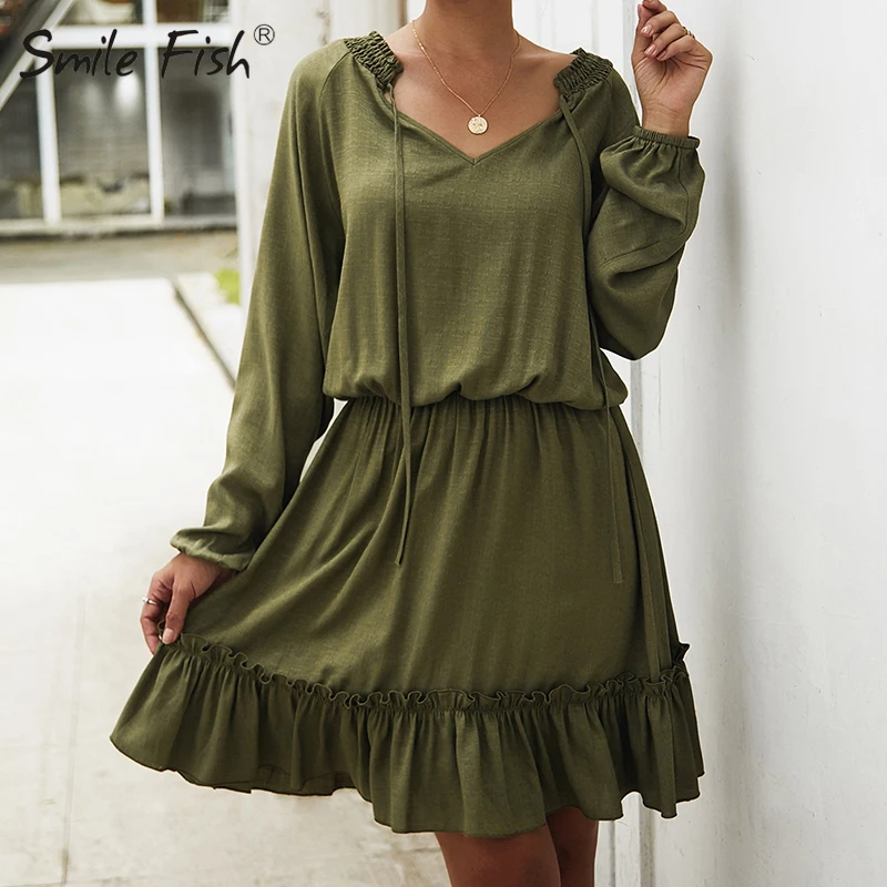 Najtaniej Kobiety sukienka Ruffles Kawaii śliczne dziewczyny jednolity kolor, długi rękaw, dekolt v Mini sukienki a line jesień zima Casual Ropa Mujer ubrania GV824