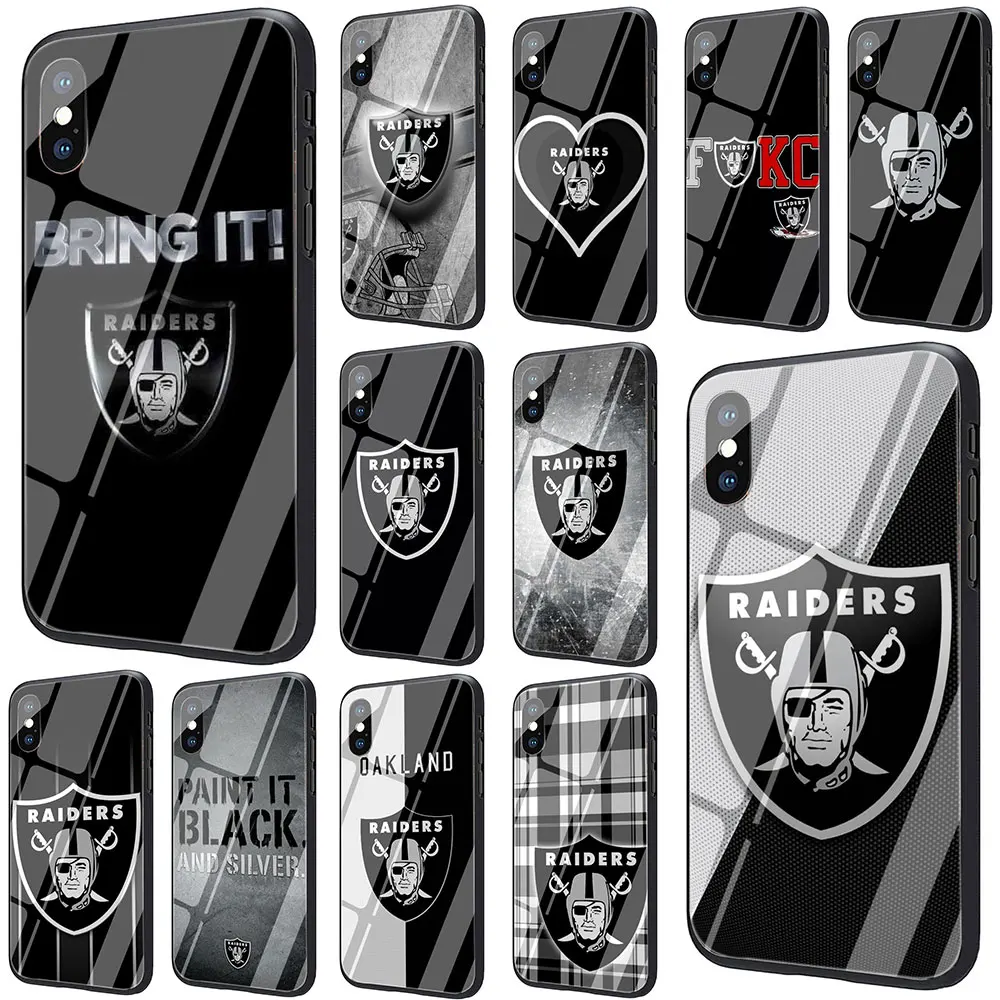 

EWAU Oakland Raiders Tempered Glass Phone Cover Case For iPhone 11 Pro 6 6S Plus 7 8 Plus X XS XR XS Max