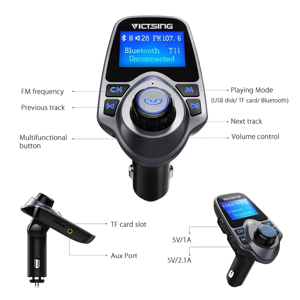 VicTsing Car FM Bluetooth Transmitter Handsfree Car Kit Wireless Radio Audio Adapter Car MP3 Music Player with Dual USB Charger (5)