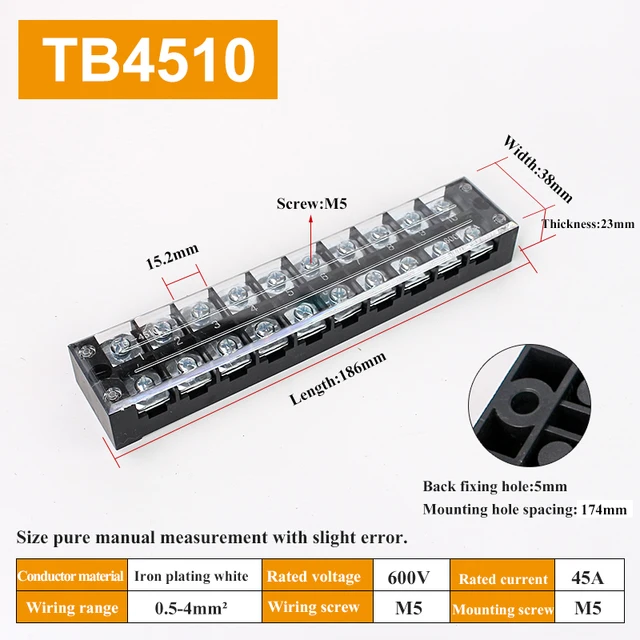 1pcs 45A 600V TB4503 TB4504 TB4505 TB4506 TB4510 TB4512 Dual Row Barrier Screw Terminal Block Strip Wire Connector Wiring tool TB4510