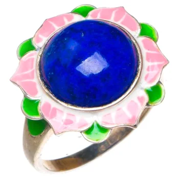 

Natural Cloisonne And Lapis Lazuli Lotus Handmade 925 Sterling Silver Ring 8 D1192
