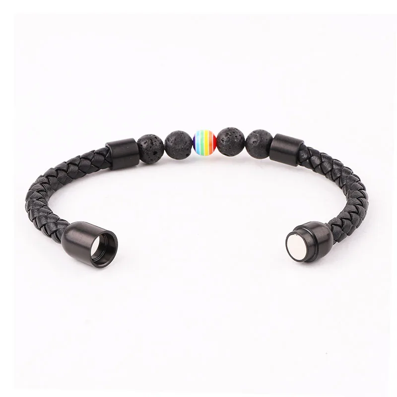 High Quality 316L Stainless Steel Clasp Lava Stone Charm Rainbow Ball Genuine Leather Bracelet Men Jewelry - Image 5