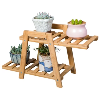 

2 Layers Bamboo Plant Flower Pot Stand Display Rack Home Office Flower Pot Garden Backyard Desk Decoration Plants Holder
