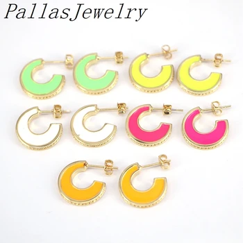 

5Pairs, Enamel Stud Earrings Neon Green Yellow Bright Fluorescent Jewelry Geometric Round CZ Gold Color Earring