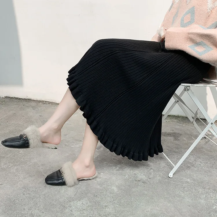 

2019 Autumn And Winter Knit Sheath Skirt High-waisted Mid-length A- line Skirt Pleated Skirt Frilled Long Skirts Wrapped Skirt W