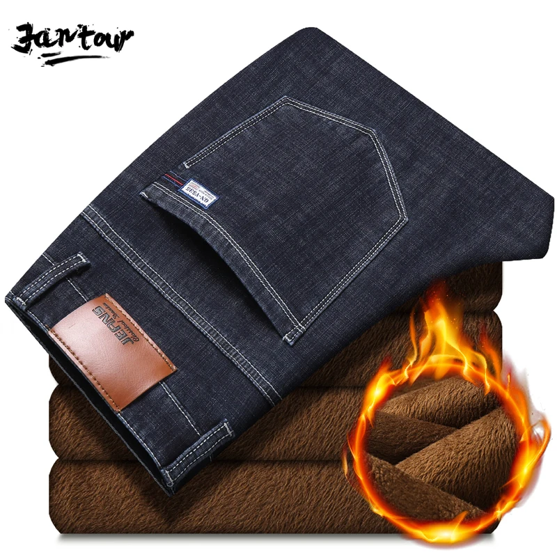 Mens Winter Thicken Fleece Jeans Stretch Denim Warm Jeans For Men Designer Brand Long Pants Jean Black/Blue Big size 29-40 42 44 Mens Winter Thicken Fleece Jeans Stretch Denim Warm Jeans For Men Designer Brand Long Pants Jean Black/Blue Big size 29-40 42 44