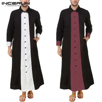 

INCERUN Men Jubba Thobe Lapel Long Sleeve Button 2020 Muslim Islamic Arab Kaftan Patchwork Robes Dubai Middle East Men Clothes