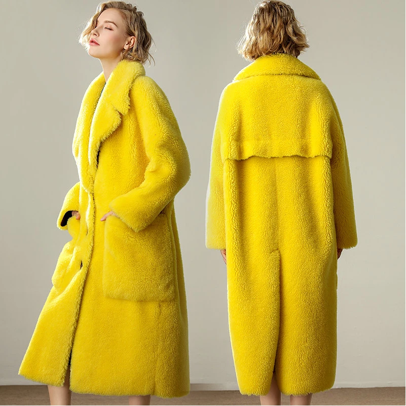 Женское пальто из искусственного меха, повседневное меховое плотное теплое длинное пальто из искусственного меха ягненка, свободное зимнее пальто для женщин, желтое пальто casaco feminino