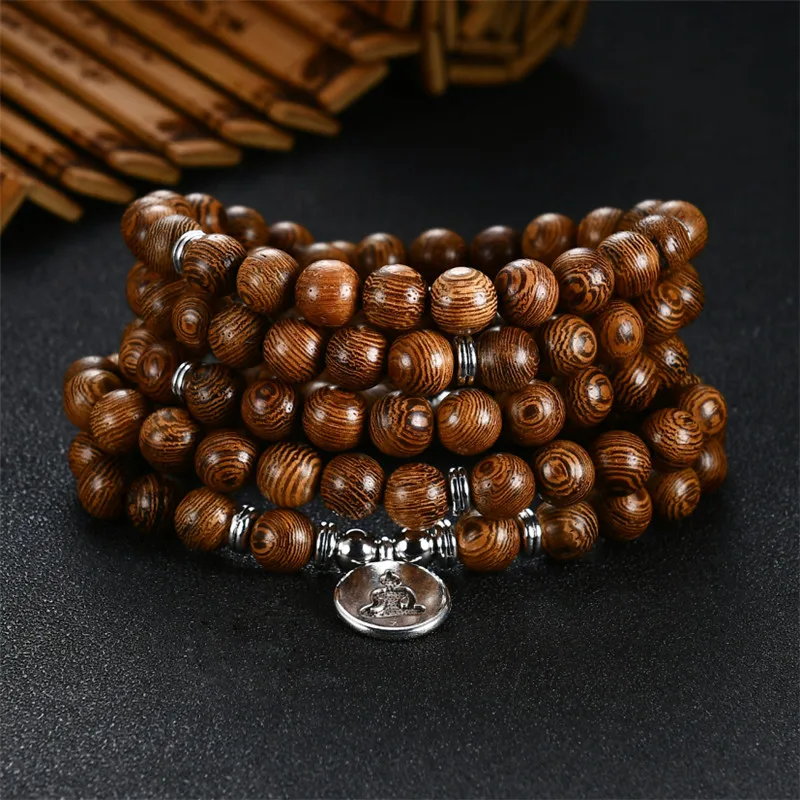 Prayer Beads Bracelet 108 Tibetan Buddhist Rosary Charm Mala Meditation Flower of Life Lucky Wenge Wooden Bracelet For Women Men 3