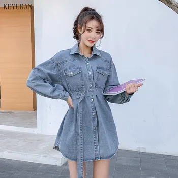 

Fashion Women Jeans Dresses Long Sleeve Spirng Autumn Short Bandage Vestidos Ladies Denim Dress Female Shirt Dress