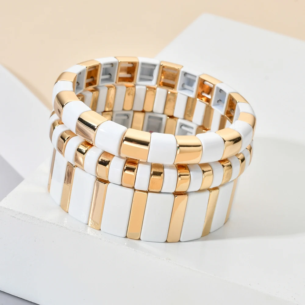 Enamel Metal Bohemian Tile Bracelet Stackable Stretch Bracelets Men Women Bracelet Jewelry