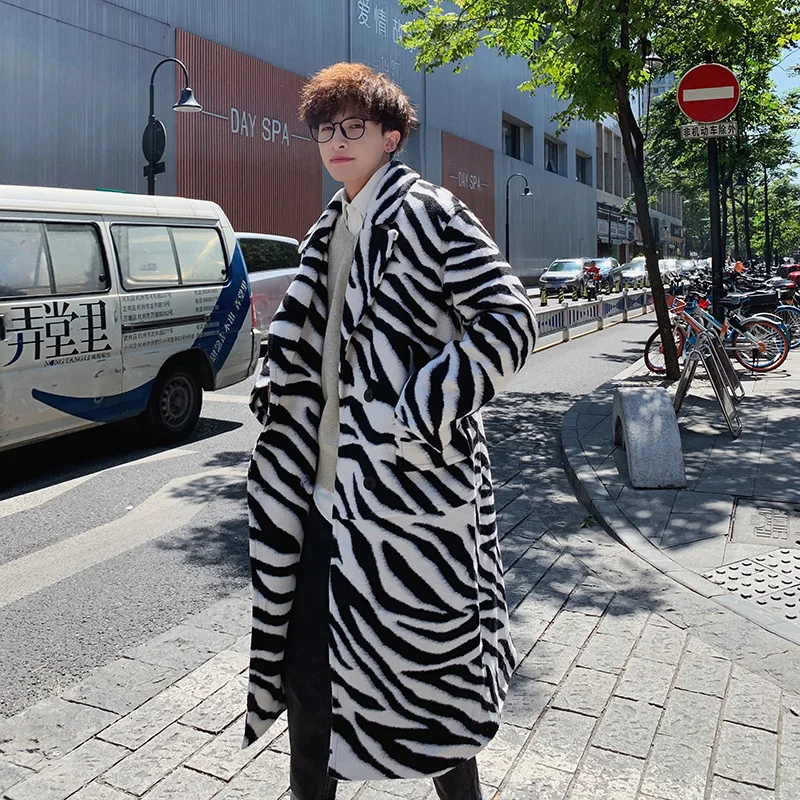 

2020 New Men High Street Punk Hip Hop Zebra Woolen Overcoat Long Trench Coat Autumn Male Streetwear Fashion Windbreaker Jacket