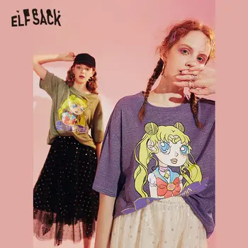 

ELFSACK Green Cartoon Print Casual Bright Knitted T-Shirts Women 2020 Summer ELF Purple Half Sleeve Korean Ladies Daily Top