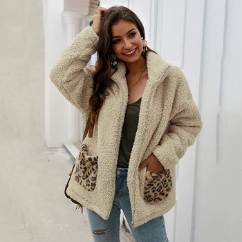 

Female Jacket 2019 Plush Coat Leopard Stitching Turn-down Collar Long Sleeve Pocket Zipper Thick Jacket Coat Autumn Winter Coat!