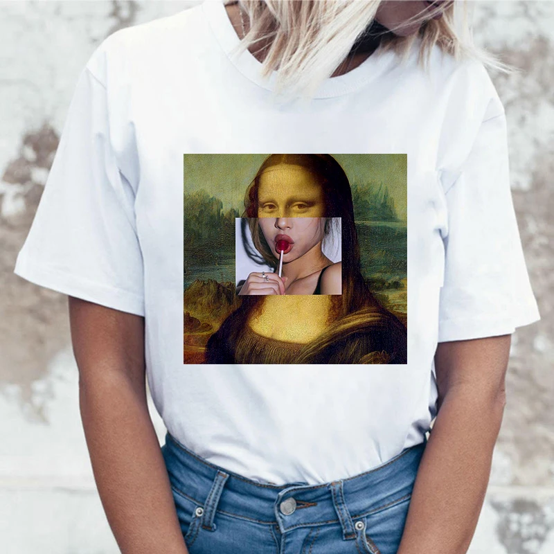 Женская футболка в стиле Харадзюку Mona Lisa белая с тонким разрезом лето