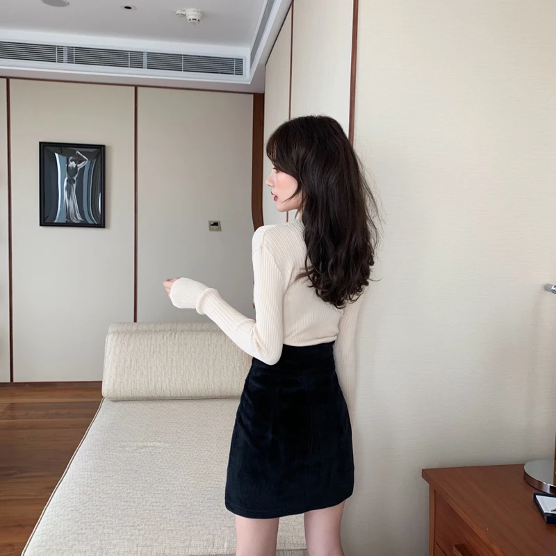 Зимняя женская винтажная шерстяная юбка с высокой талией, однотонная тонкая трапециевидная Толстая теплая мини-юбка с карманами для офисных леди черного цвета