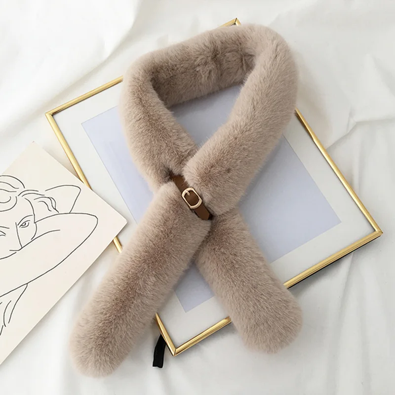 Solid Khaki Модный мягкий женский шарф из искусственного кроличьего меха, теплый зимний шарф с плюшевым воротником, шерстяные шарфы для девочек - Цвет: Solid Khaki