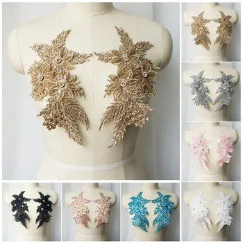 

2Pcs Rhinestones Sequin Embroidered Lace Applique Sewing Flower Fabric Patch For Wedding Gown Bridal Dress Clothes DIY Crafts